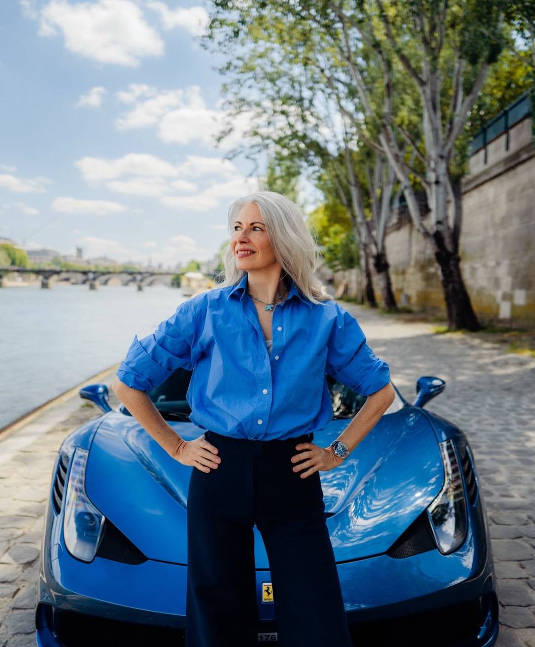 Priscilla Caldwell photographed on the quay in a blue shirt